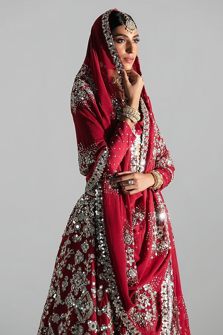 Red Organza Sequin & Zardosi Embroidered Bridal Lehenga Set by Abhinav Mishra at Pernia's Pop Up Shop