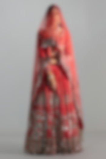 Red Silk Sequin & Mirror Embroidered Bridal Lehenga Set by Abhinav Mishra at Pernia's Pop Up Shop