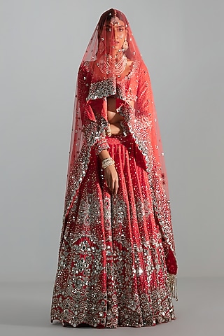 Red Silk Sequin & Mirror Embroidered Lehenga Set by Abhinav Mishra