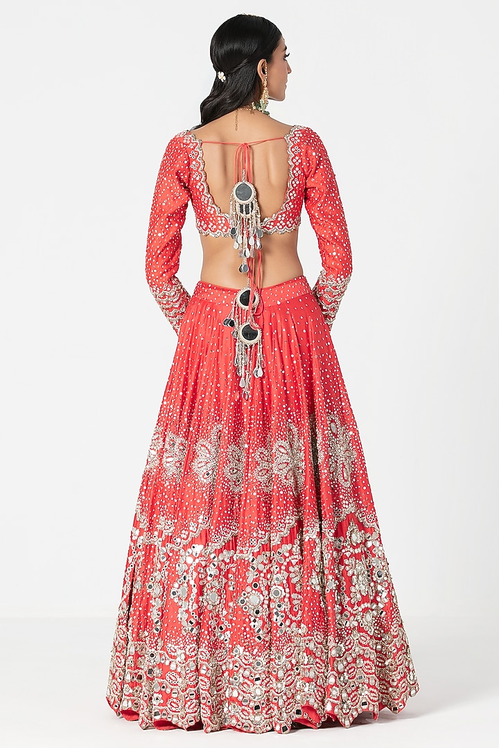 Red Silk Sequin & Mirror Embroidered Bridal Lehenga Set by Abhinav Mishra at Pernia's Pop Up Shop