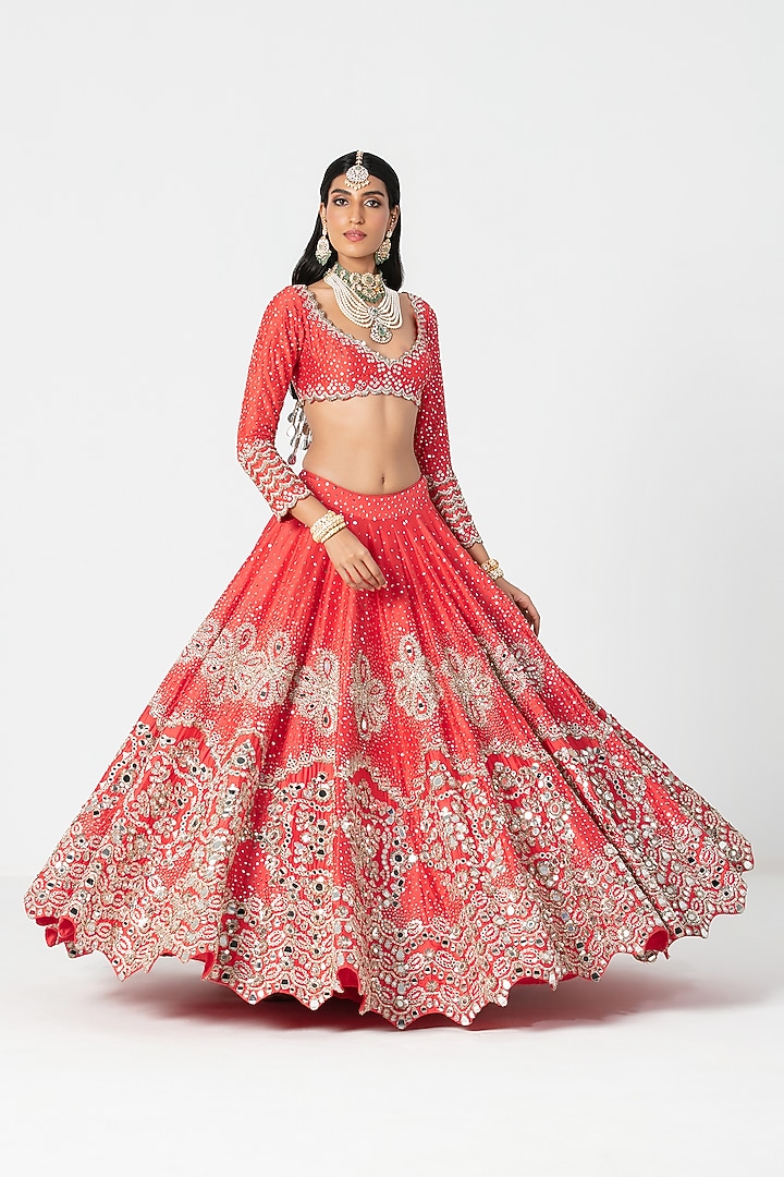 Red Silk Sequin & Mirror Embroidered Bridal Lehenga Set by Abhinav Mishra at Pernia's Pop Up Shop