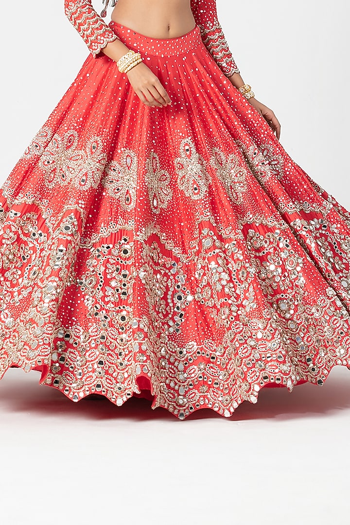 Red Silk Sequin & Mirror Embroidered Bridal Lehenga Set by Abhinav Mishra at Pernia's Pop Up Shop