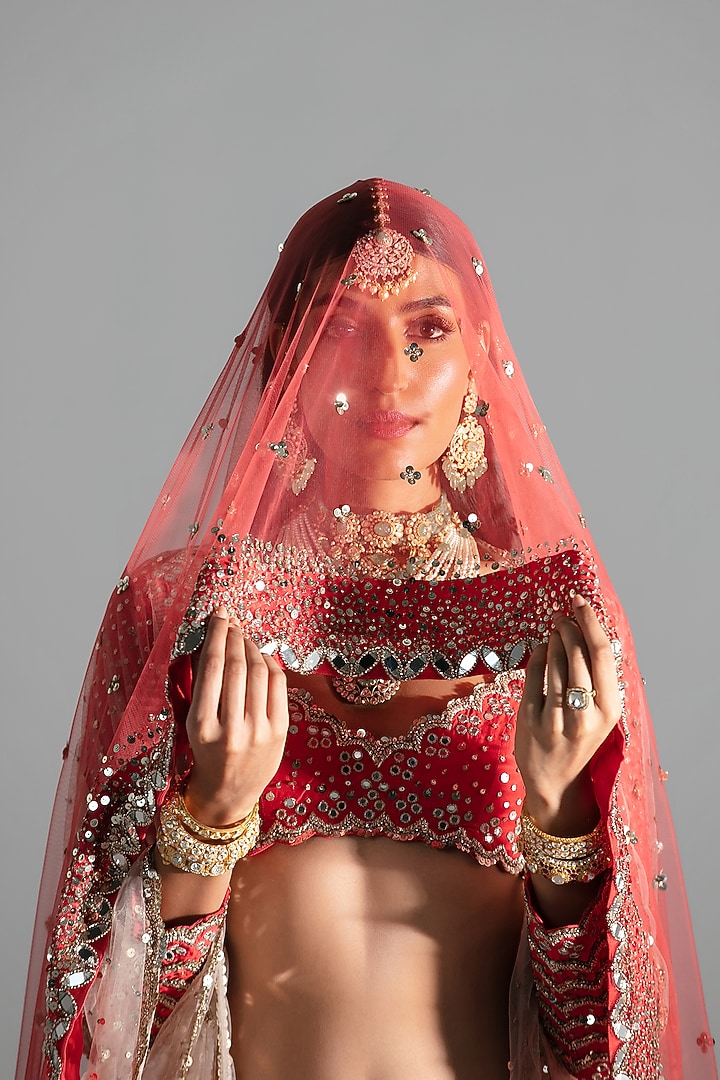 Red Silk Sequin & Mirror Embroidered Bridal Lehenga Set by Abhinav Mishra at Pernia's Pop Up Shop