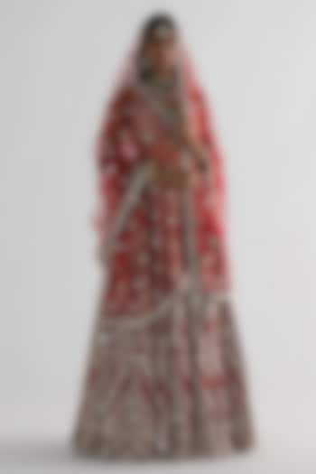 Red Silk Sequin & Gota Embroidered Bridal Lehenga Set by Abhinav Mishra at Pernia's Pop Up Shop