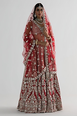 Red Silk Sequin & Gota Embroidered Lehenga Set by Abhinav Mishra