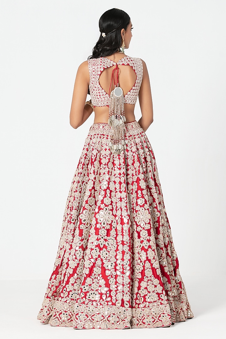 Red Silk Sequin & Gota Embroidered Bridal Lehenga Set by Abhinav Mishra at Pernia's Pop Up Shop