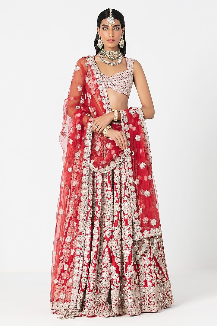 Red Silk Sequin & Gota Embroidered Bridal Lehenga Set by Abhinav Mishra at Pernia's Pop Up Shop