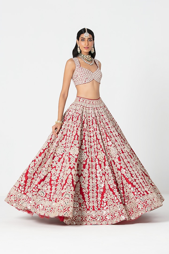 Red Silk Sequin & Gota Embroidered Bridal Lehenga Set by Abhinav Mishra at Pernia's Pop Up Shop