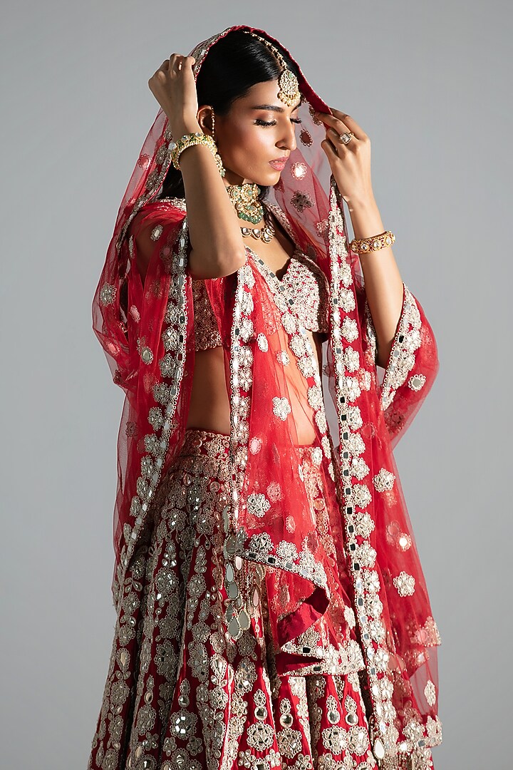 Red Silk Sequin & Gota Embroidered Bridal Lehenga Set by Abhinav Mishra at Pernia's Pop Up Shop