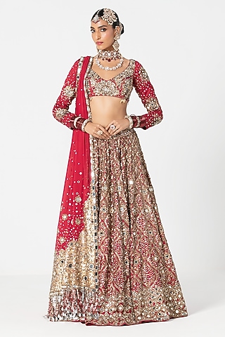 Red Silk Zari & Dabka Embroidered Lehenga Set by Abhinav Mishra
