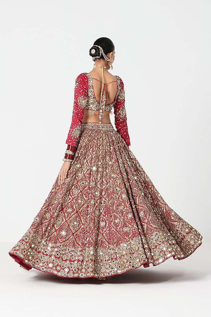 Red Silk Zari & Dabka Embroidered Bridal Lehenga Set by Abhinav Mishra at Pernia's Pop Up Shop