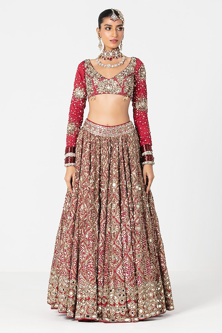 Red Silk Zari & Dabka Embroidered Bridal Lehenga Set by Abhinav Mishra at Pernia's Pop Up Shop