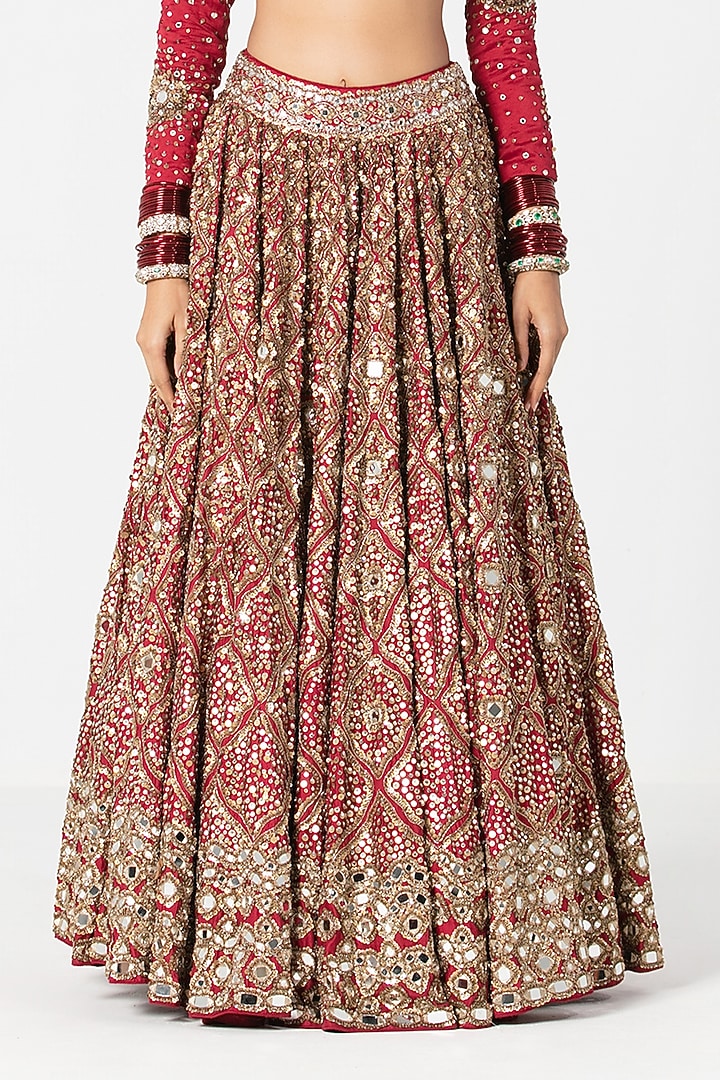 Red Silk Zari & Dabka Embroidered Bridal Lehenga Set by Abhinav Mishra at Pernia's Pop Up Shop