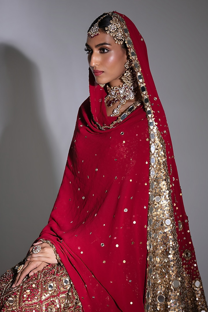 Red Silk Zari & Dabka Embroidered Bridal Lehenga Set by Abhinav Mishra at Pernia's Pop Up Shop