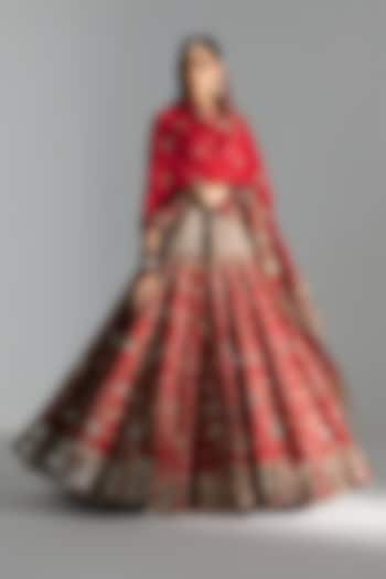 Red Silk Sequin & Thread Embroidered Bridal Lehenga Set by Abhinav Mishra at Pernia's Pop Up Shop