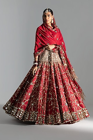 Red Silk Sequin & Thread Embroidered Lehenga Set by Abhinav Mishra