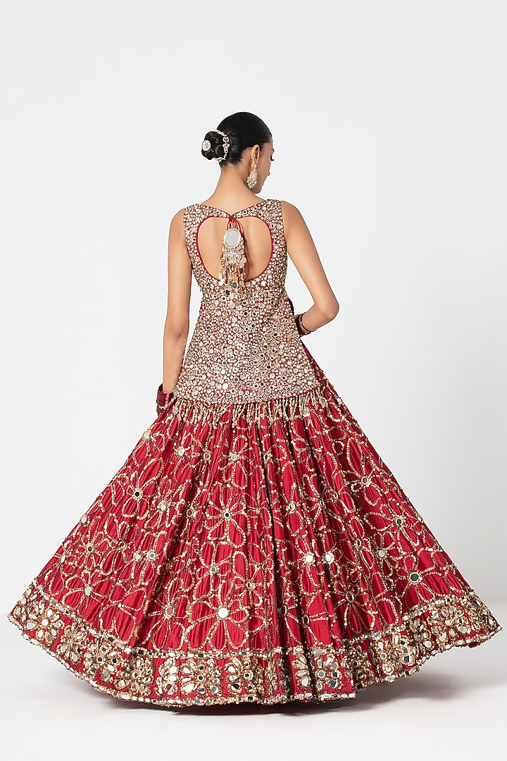 Red Silk Sequin & Thread Embroidered Bridal Lehenga Set by Abhinav Mishra at Pernia's Pop Up Shop