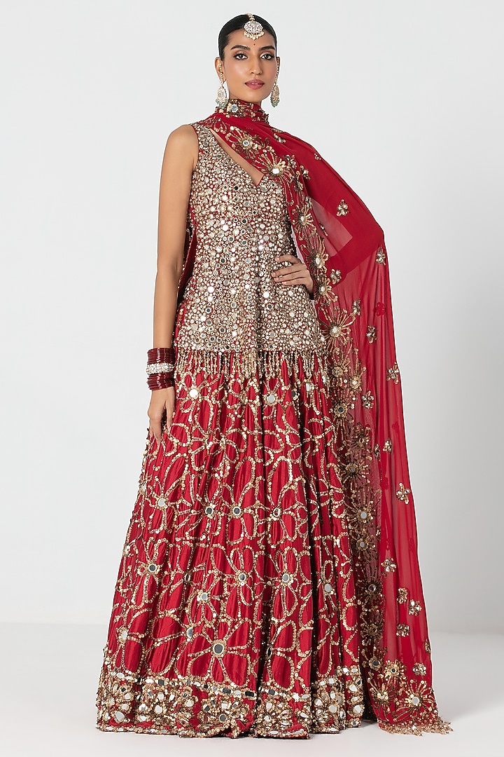 Red Silk Sequin & Thread Embroidered Bridal Lehenga Set by Abhinav Mishra at Pernia's Pop Up Shop