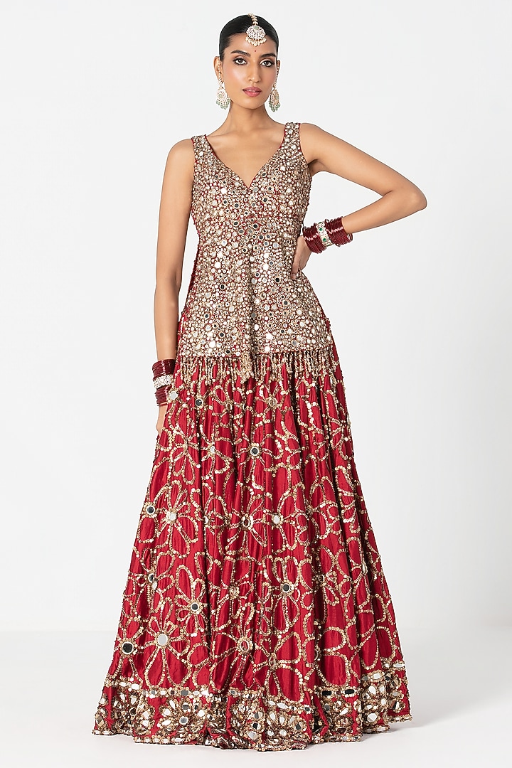 Red Silk Sequin & Thread Embroidered Bridal Lehenga Set by Abhinav Mishra at Pernia's Pop Up Shop
