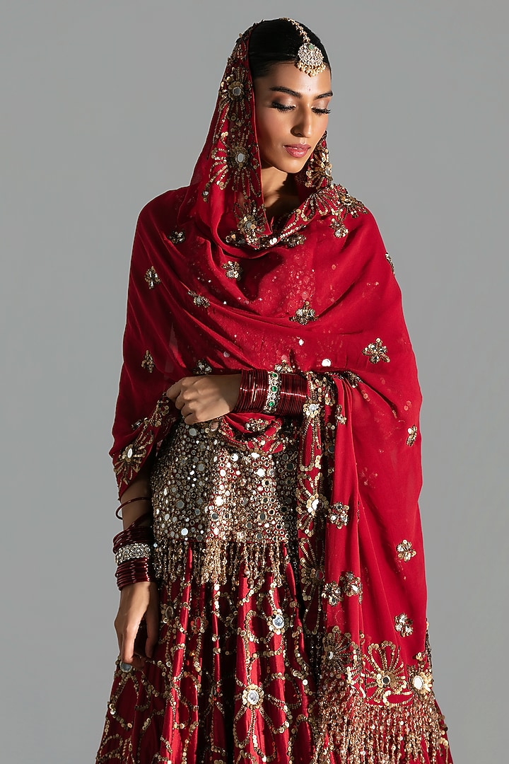 Red Silk Sequin & Thread Embroidered Bridal Lehenga Set by Abhinav Mishra at Pernia's Pop Up Shop
