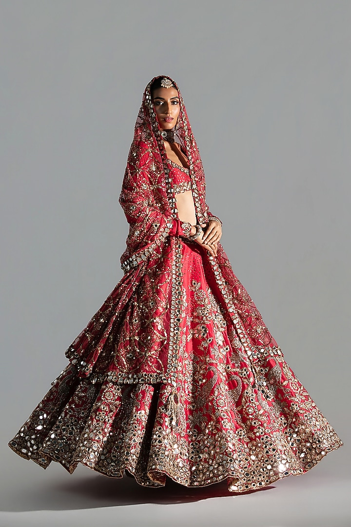 Red Silk Sequin & Dabka Embroidered Bridal Lehenga Set by Abhinav Mishra at Pernia's Pop Up Shop