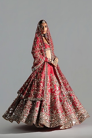 Red Silk Sequin & Dabka Embroidered Lehenga Set by Abhinav Mishra