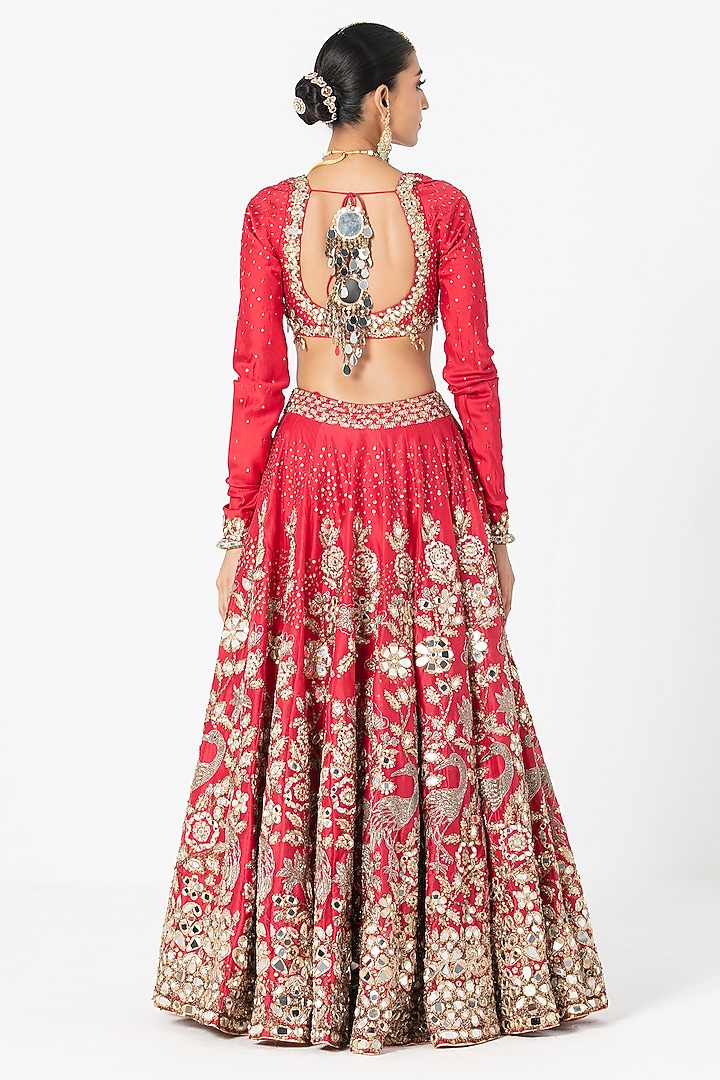 Red Silk Sequin & Dabka Embroidered Bridal Lehenga Set by Abhinav Mishra at Pernia's Pop Up Shop