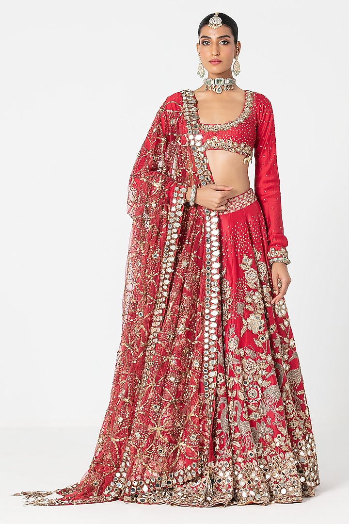 Red Silk Sequin & Dabka Embroidered Bridal Lehenga Set by Abhinav Mishra at Pernia's Pop Up Shop