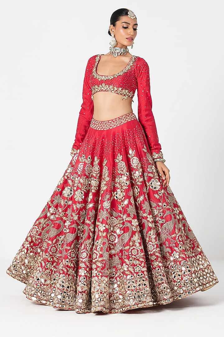 Red Silk Sequin & Dabka Embroidered Bridal Lehenga Set by Abhinav Mishra at Pernia's Pop Up Shop