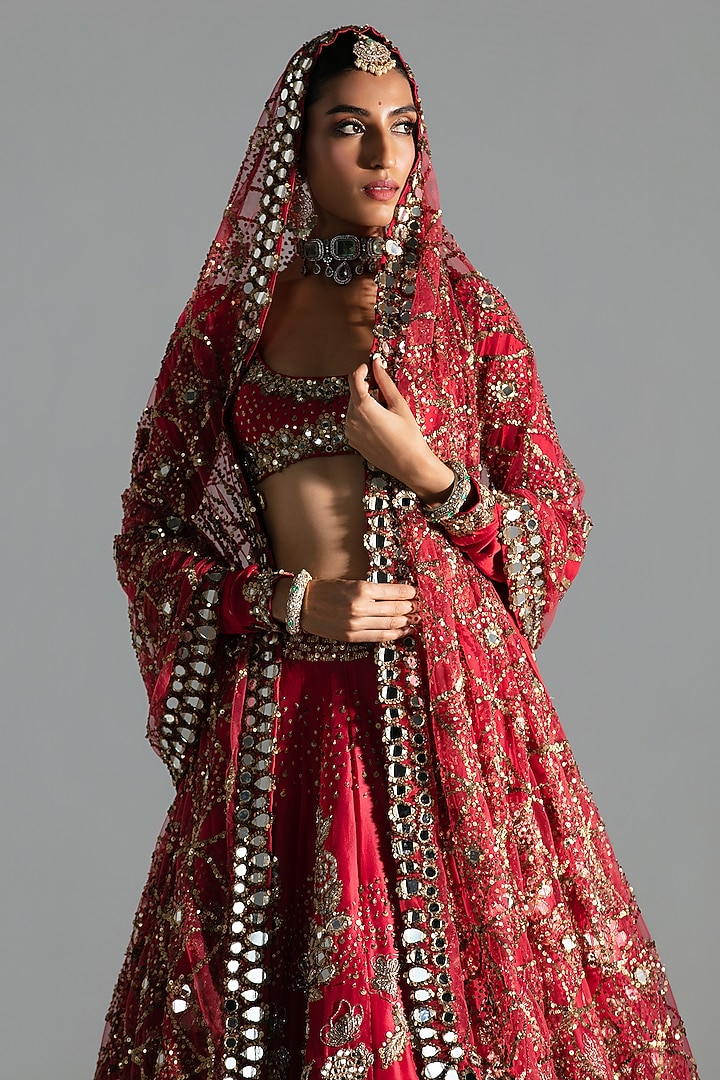 Red Silk Sequin & Dabka Embroidered Bridal Lehenga Set by Abhinav Mishra at Pernia's Pop Up Shop