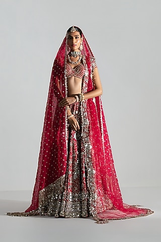 Red Silk Sequin & Bead Embroidered Lehenga Set by Abhinav Mishra