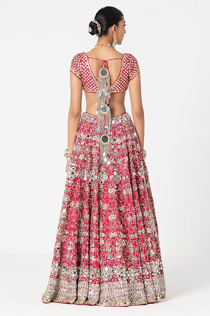 Red Silk Sequin & Bead Embroidered Bridal Lehenga Set by Abhinav Mishra at Pernia's Pop Up Shop