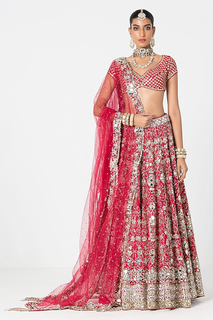 Red Silk Sequin & Bead Embroidered Bridal Lehenga Set by Abhinav Mishra at Pernia's Pop Up Shop