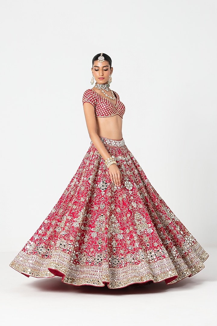 Red Silk Sequin & Bead Embroidered Bridal Lehenga Set by Abhinav Mishra at Pernia's Pop Up Shop
