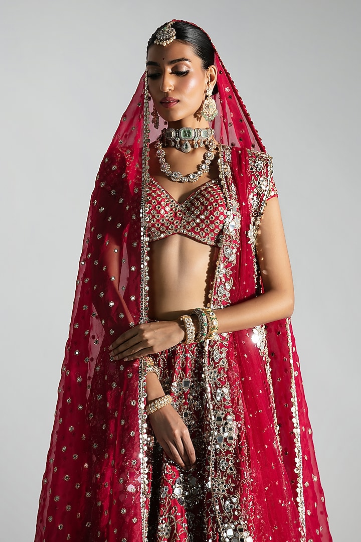 Red Silk Sequin & Bead Embroidered Bridal Lehenga Set by Abhinav Mishra at Pernia's Pop Up Shop
