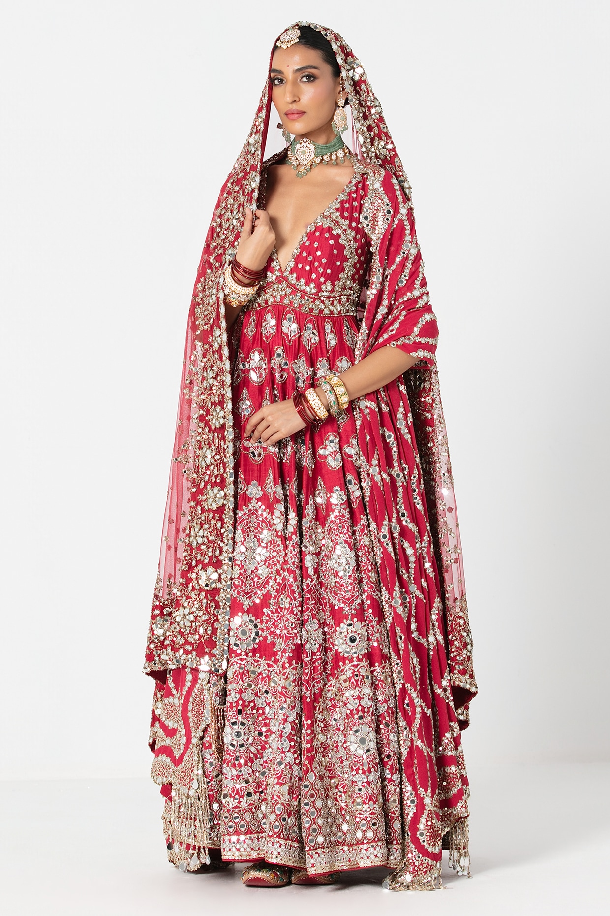 Abhinav Mishra Red Silk Mirror & Bead Embroidered Anarkali Set