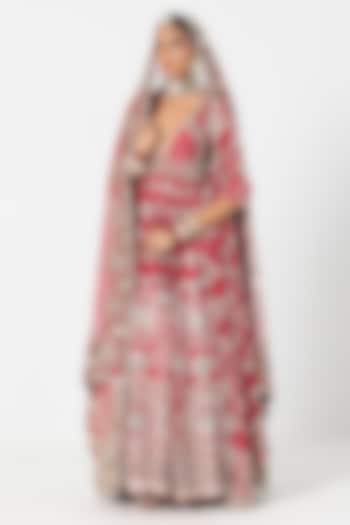 Red Silk Mirror & Bead Embroidered Bridal Anarkali Set by Abhinav Mishra at Pernia's Pop Up Shop