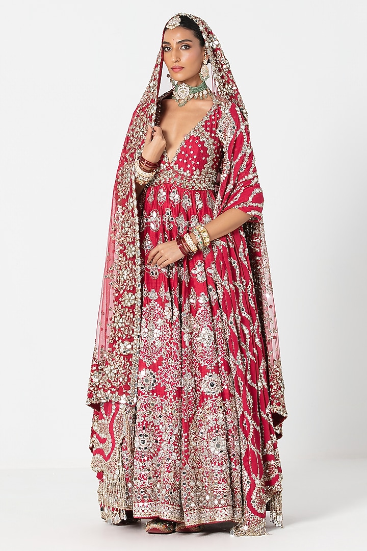 Red Silk Mirror & Bead Embroidered Bridal Anarkali Set by Abhinav Mishra at Pernia's Pop Up Shop