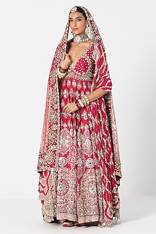 Red Silk Mirror & Bead Embroidered Anarkali Set by Abhinav Mishra