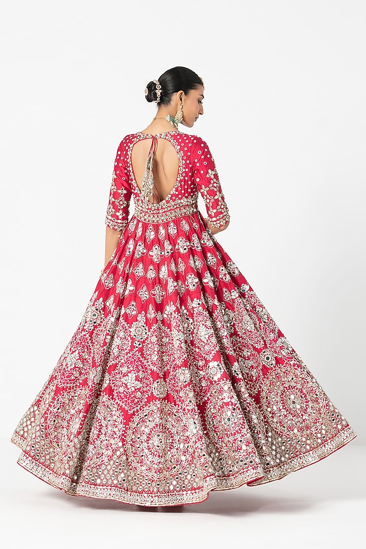 Red Silk Mirror & Bead Embroidered Bridal Anarkali Set by Abhinav Mishra at Pernia's Pop Up Shop