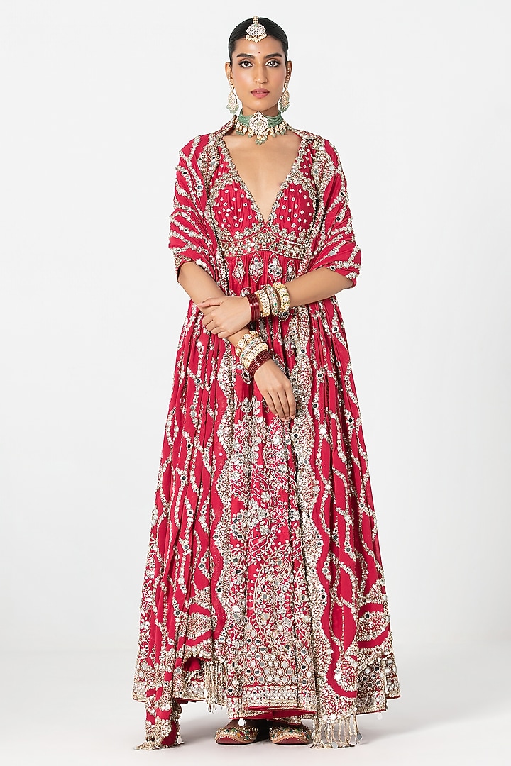 Red Silk Mirror & Bead Embroidered Bridal Anarkali Set by Abhinav Mishra at Pernia's Pop Up Shop