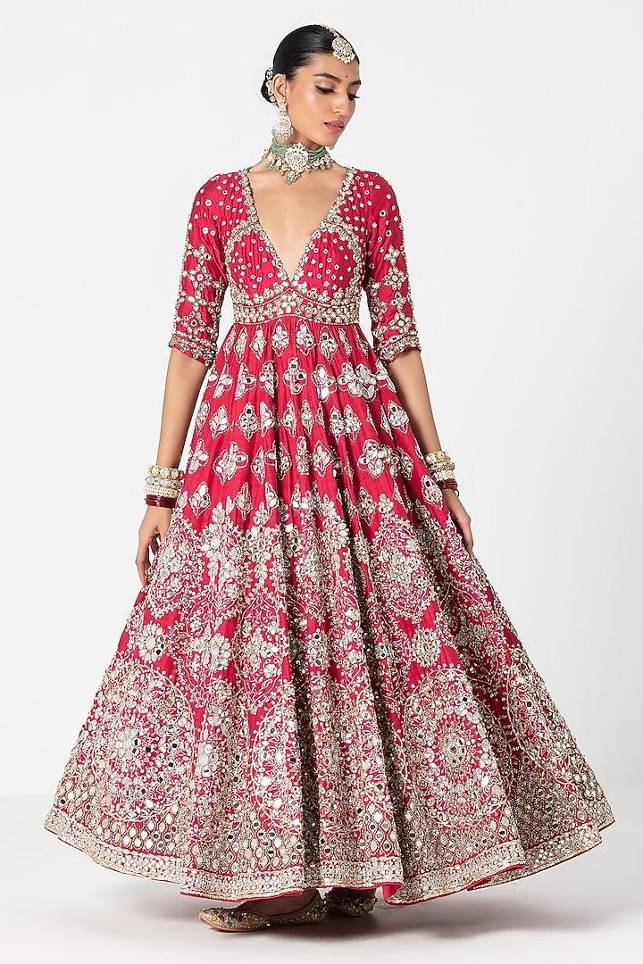 Red Silk Mirror & Bead Embroidered Bridal Anarkali Set by Abhinav Mishra at Pernia's Pop Up Shop