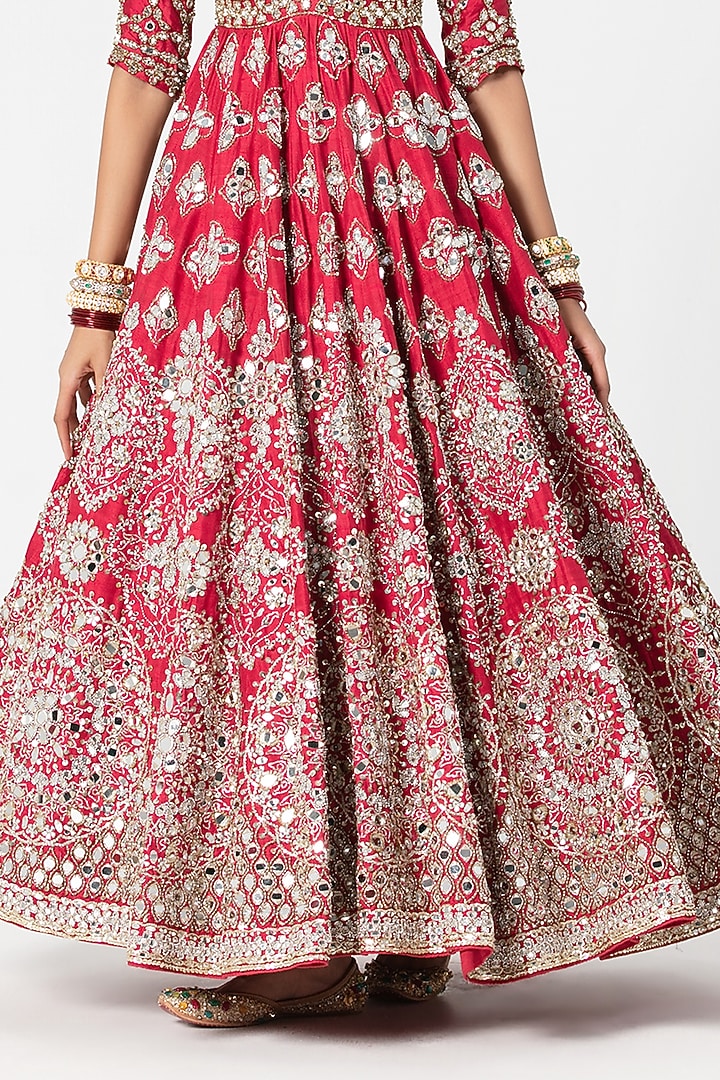 Red Silk Mirror & Bead Embroidered Bridal Anarkali Set by Abhinav Mishra at Pernia's Pop Up Shop