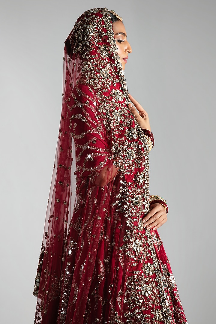 Red Silk Mirror & Bead Embroidered Bridal Anarkali Set by Abhinav Mishra at Pernia's Pop Up Shop