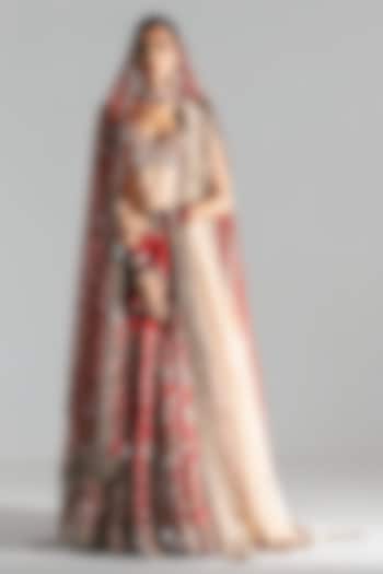 Red Silk Mirror & Thread Embroidered Bridal Lehenga Set by Abhinav Mishra at Pernia's Pop Up Shop