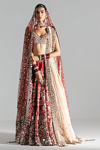 Red Silk Mirror & Thread Embroidered Lehenga Set by Abhinav Mishra