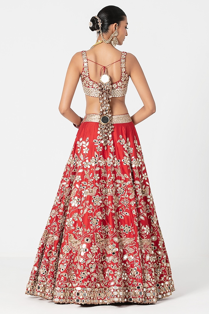 Red Silk Mirror & Thread Embroidered Bridal Lehenga Set by Abhinav Mishra at Pernia's Pop Up Shop