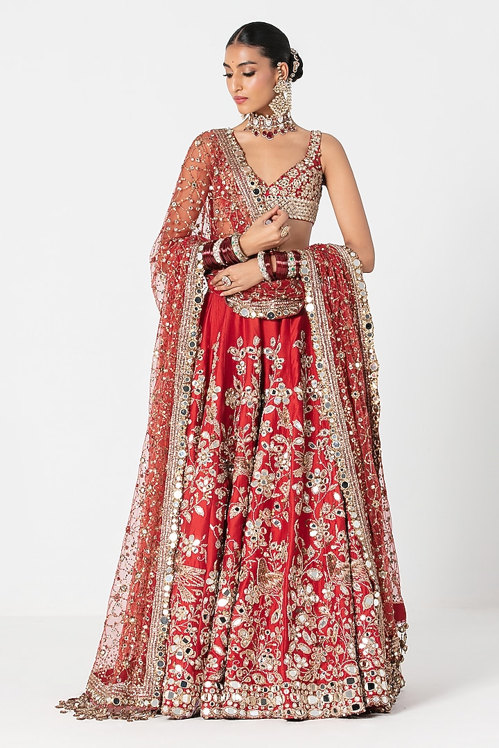 Red Silk Mirror & Thread Embroidered Bridal Lehenga Set by Abhinav Mishra at Pernia's Pop Up Shop