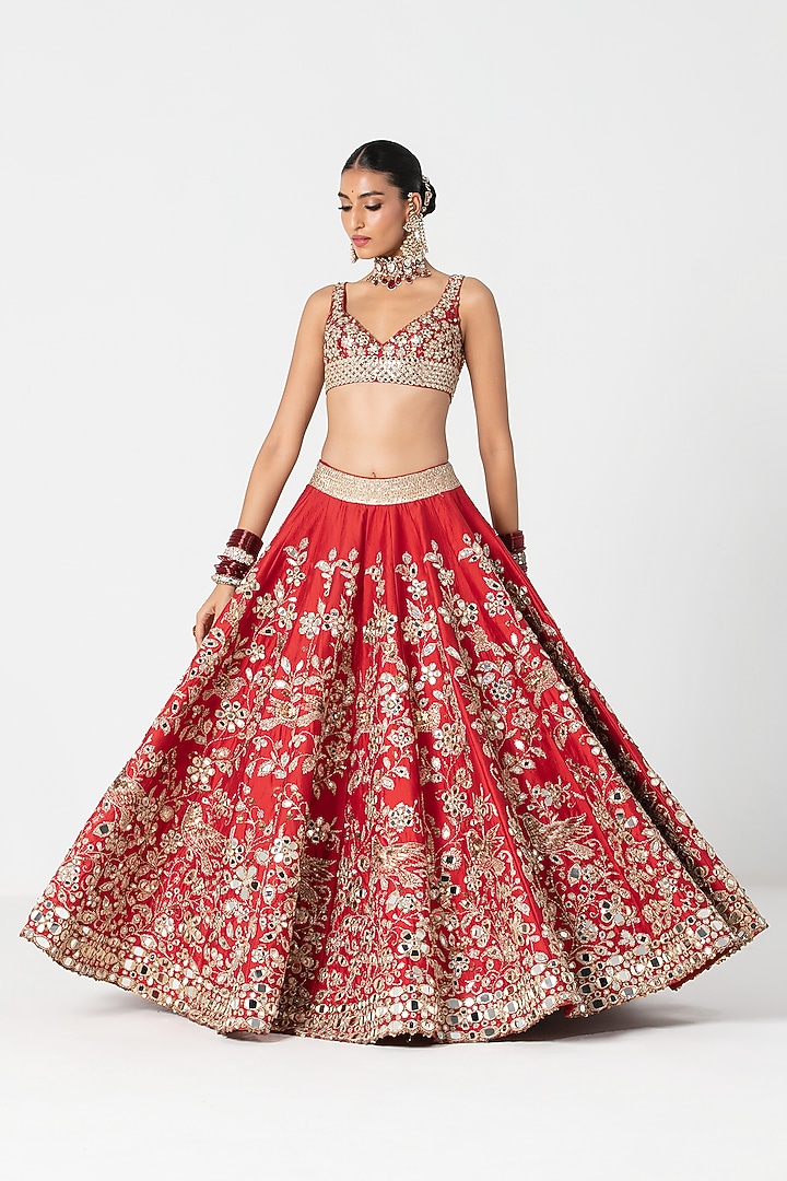 Red Silk Mirror & Thread Embroidered Bridal Lehenga Set by Abhinav Mishra at Pernia's Pop Up Shop