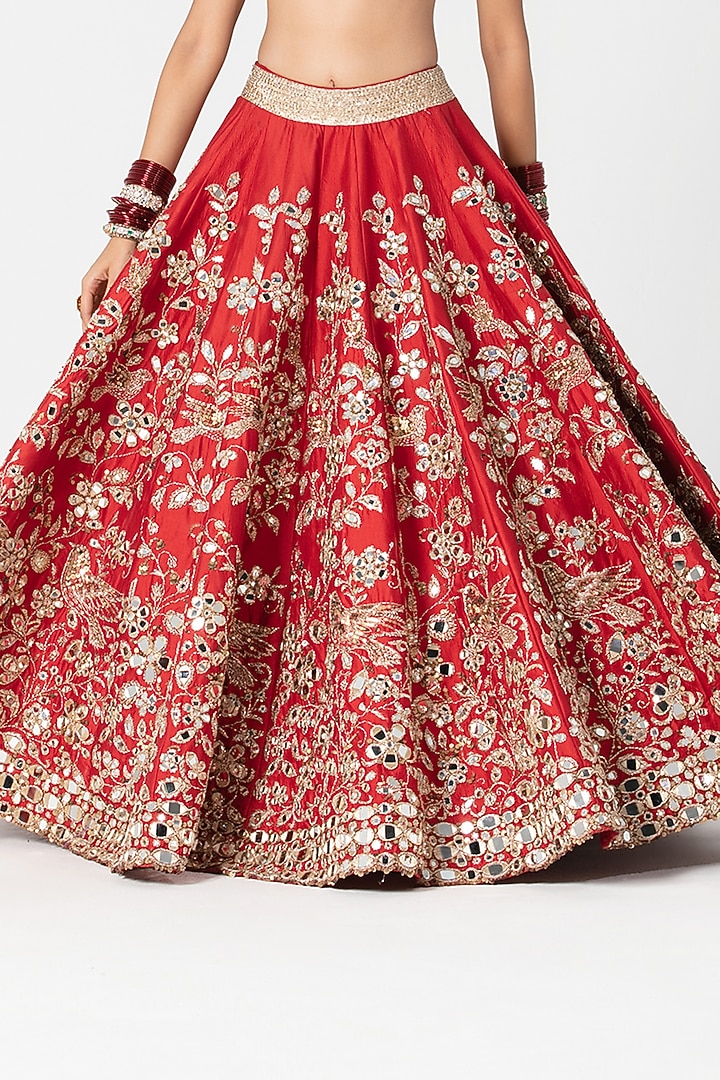 Red Silk Mirror & Thread Embroidered Bridal Lehenga Set by Abhinav Mishra at Pernia's Pop Up Shop